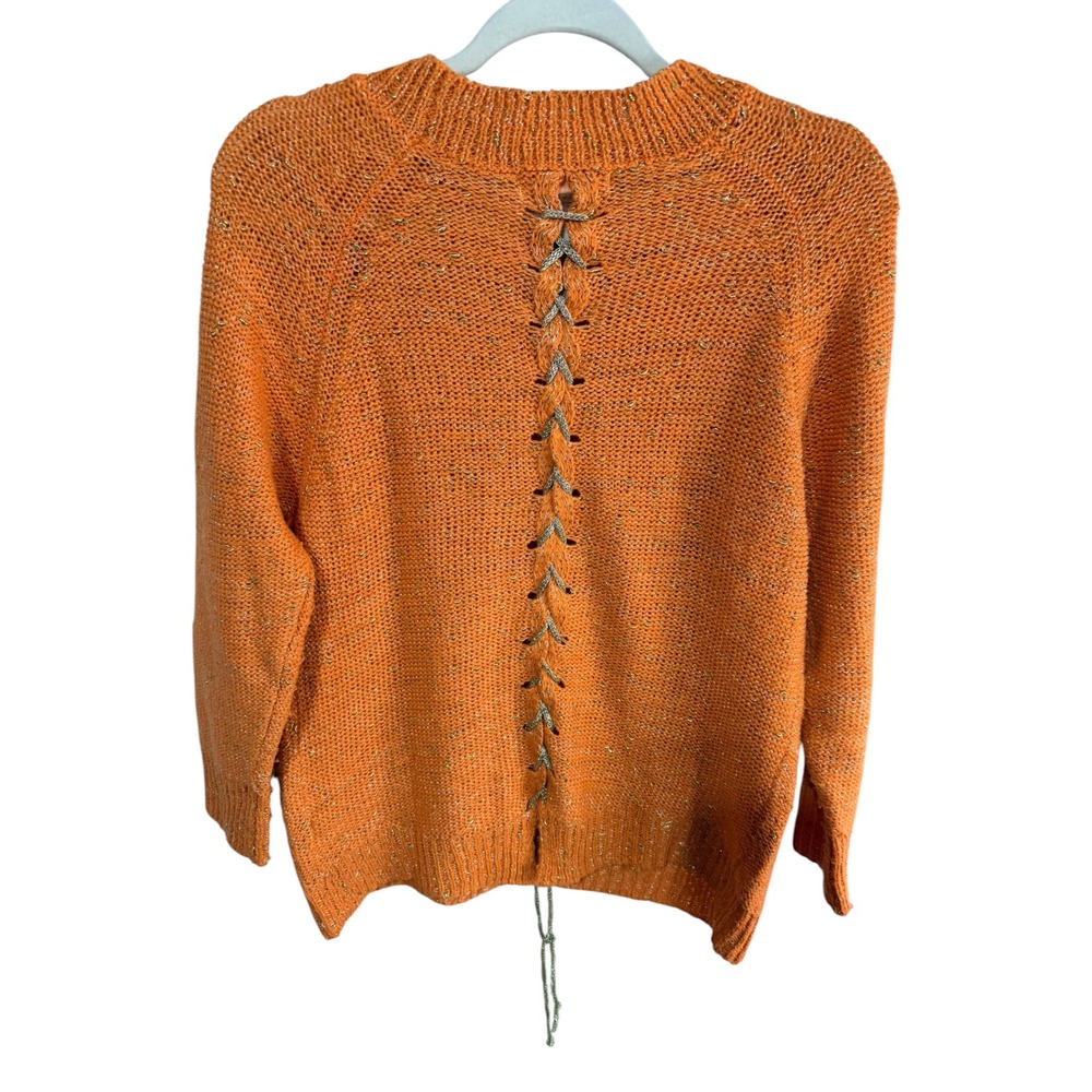 Anthro Lulumari Sweater Metallic Chain Knit Women's S/M Orange Grandma-core